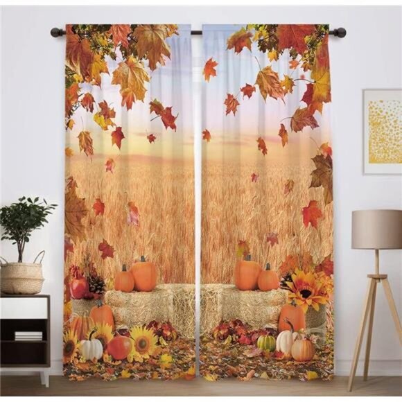 Autumn Scenery Window Curtains- Landscape Pumpkin Print Darkening Drapes, 82x84" - Picture 1 of 6